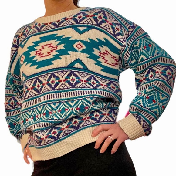 Vintage Christmas sweater aztec geometric pattern with shoulder pads, rare! - Picture 3 of 15
